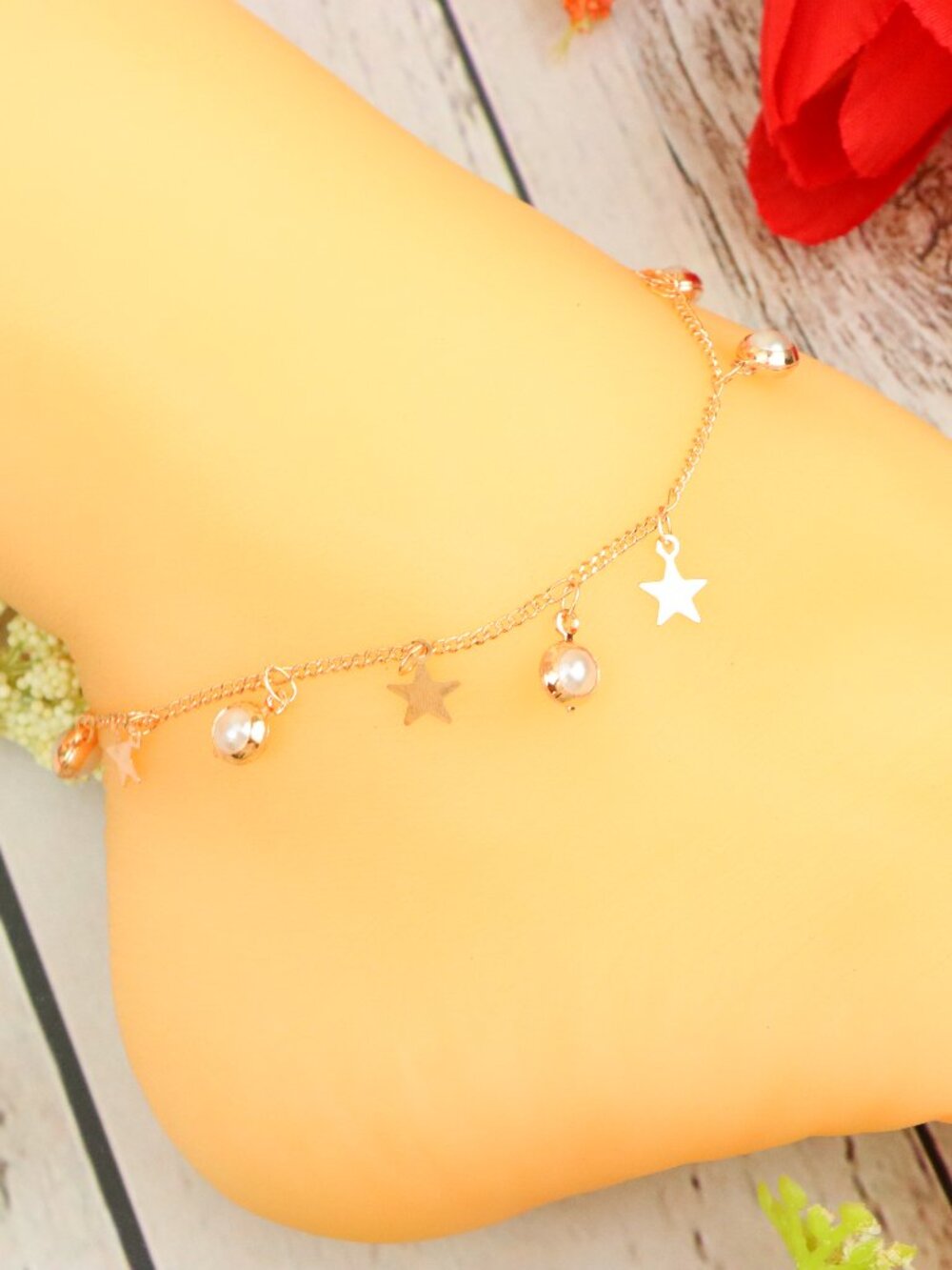 Rose Gold Plated Star Pearl Dainty Anklet Celestial Charm Chain Gift | WALRCN116